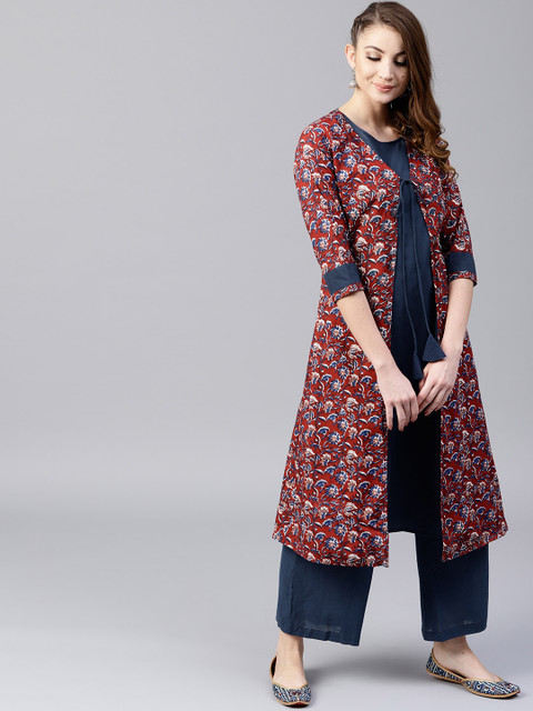 

AKS Women Navy Blue Printed A-Line Kurta with Ethnic Jacket