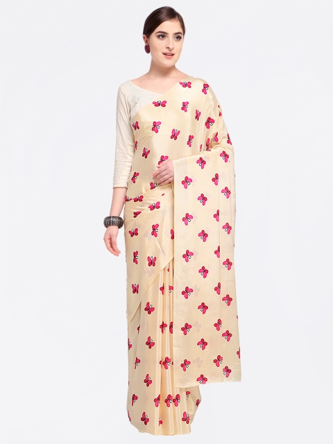 

Four Seasons Cream-Coloured & Pink Poly Crepe Printed Saree