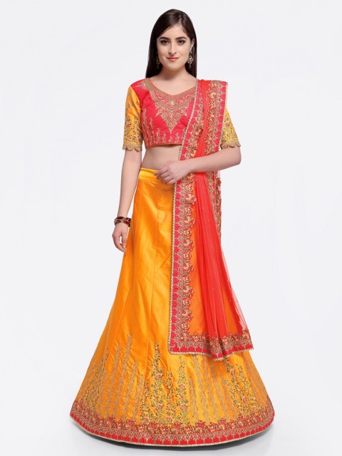 

RIYA Orange & Red Embroidered Semi-Stitched Lehenga & Unstitched Blouse with Dupatta