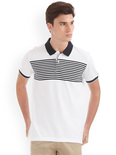 

IZOD Men White Striped Polo Collar T-shirt