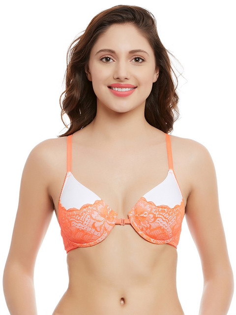 

Clovia Orange Lace Underwired Lightly Padded Plunge Bra BR0834Z1632D