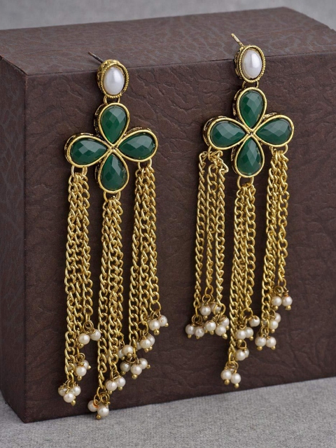 

Voylla Gold-Toned & Green Contemporary Drop Earrings