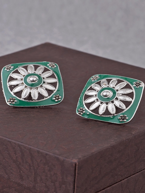 

Voylla Silver-Toned & Green Square Studs