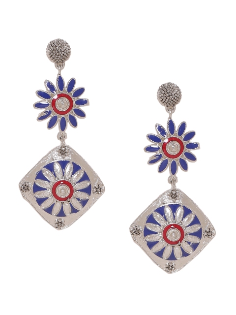 

Voylla Silver-Toned & Blue Contemporary Drop Earrings