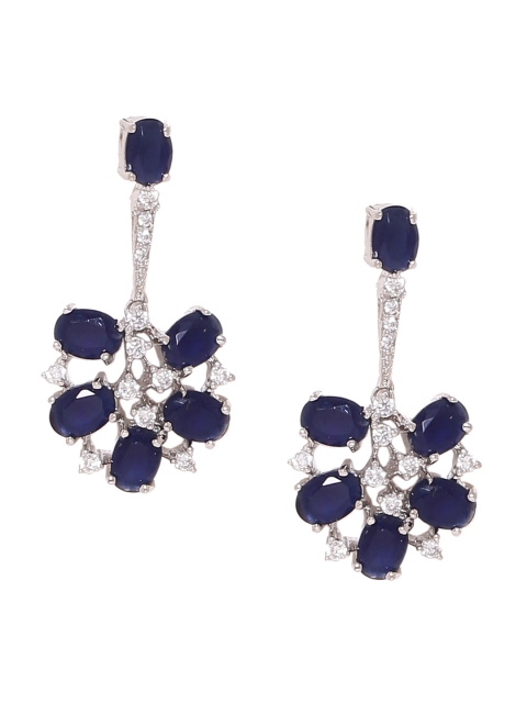 

Voylla Silver-Toned & Blue Floral Drop Earrings