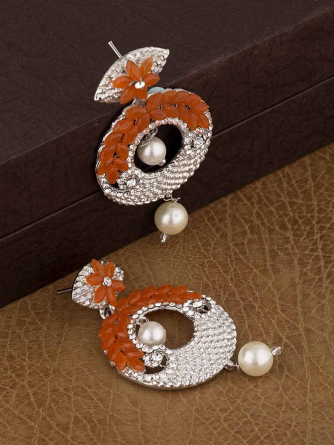 

Voylla Silver-Toned & Orange Circular Drop Earrings