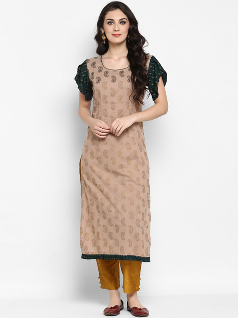 

Pannkh Women Beige & Green Printed Straight Kurta