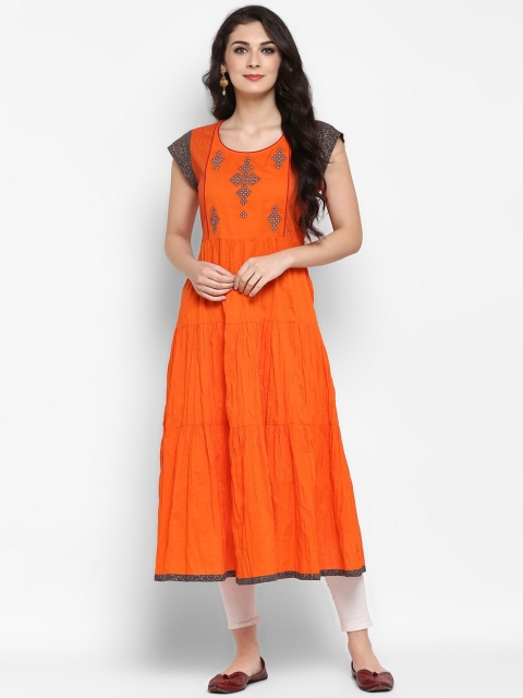 

Pannkh Women Orange & Grey Printed Tiering Anarkali Kurta with Embroidered Detail
