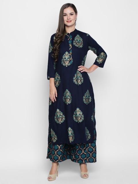 

Ishin Women Navy Blue Printed Kurta with Palazzos