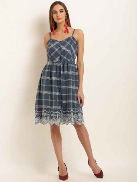 

Marie Claire Women Navy Blue Checked Embroidered Fit and Flare Dress