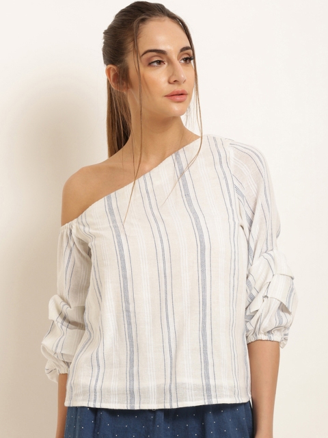 

Marie Claire White One Shoulder Striped Pure Cotton Top