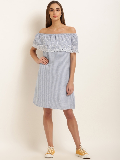 

Marie Claire Women Blue Striped Off-Shoulder A-Line Dress