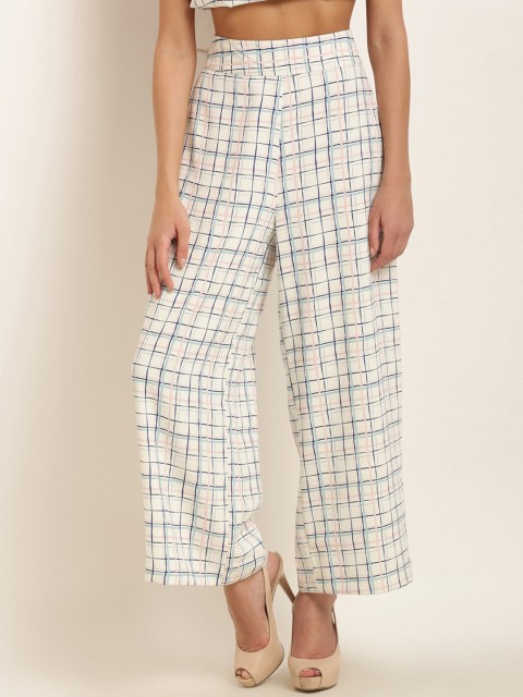 

Marie Claire Women Off-White & Blue Regular Fit Checked Parallel Trousers