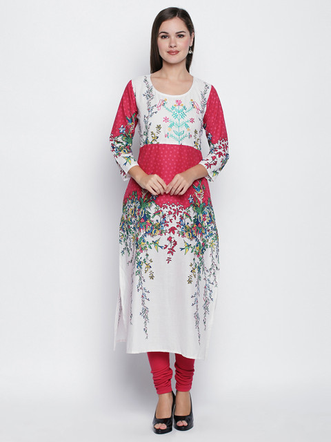 

Ishin Women White & Pink Printed Straight Kurta