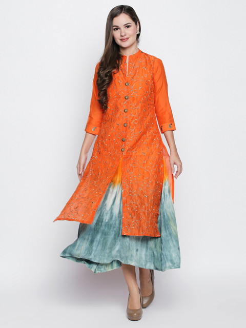

Ishin Women Orange Embroidered A-Line Kurta
