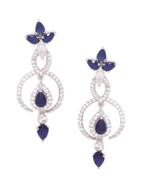 

Voylla Silver-Toned & Blue Teardrop Shaped Drop Earrings