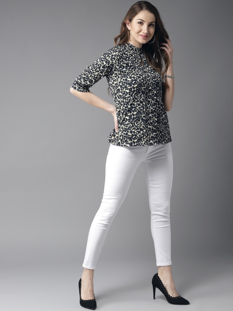 

HERE&NOW Women Navy Blue & White Printed Top