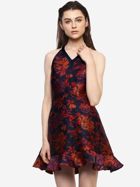 

Kazo Women Blue & Red Self Design Fit and Flare Dress