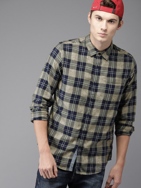 

Moda Rapido Men Beige & Navy Blue Regular Fit Checked Casual Shirt