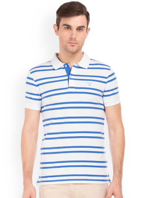 

GANT Men White & Blue Striped Polo Collar T-shirt