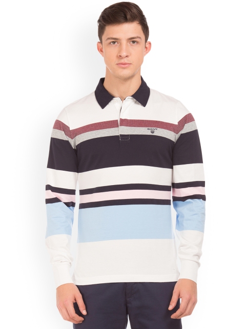 

GANT Men White & Blue Striped Polo Collar T-shirt