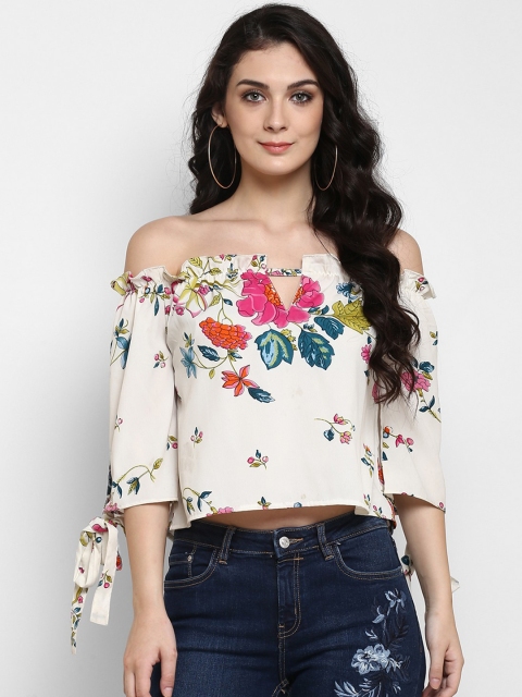 

Pannkh Women White Printed Bardot Top