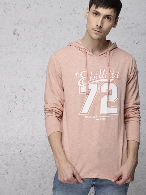 

Ecko Unltd Men Peach-Coloured Hooded Printed T-shirt