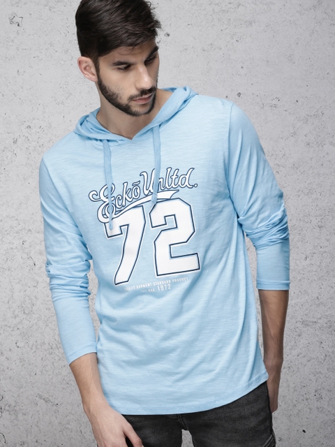 

Ecko Unltd Men Blue Printed Hooded T-shirt