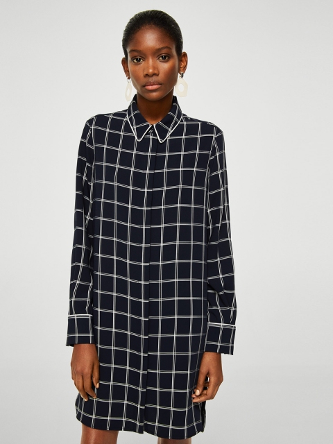 

MANGO Women Navy Blue & White Checked Shirt Dress