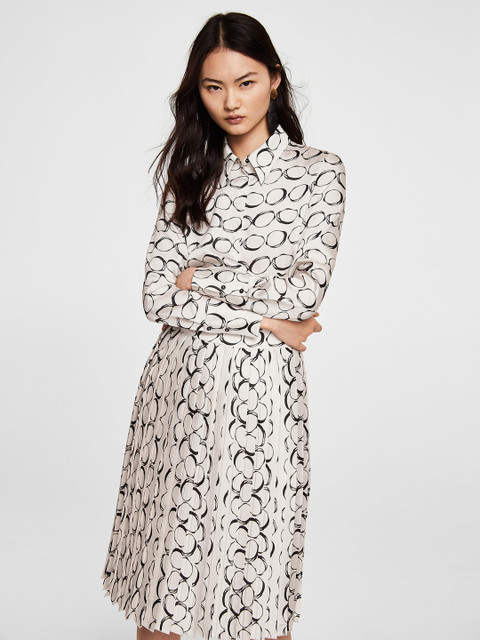 

MANGO Women Cream-Coloured & Black Printed Shirt Dress