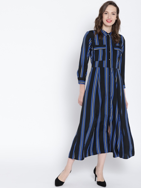 

MANGO Women Black & Blue Striped Shirt Dress