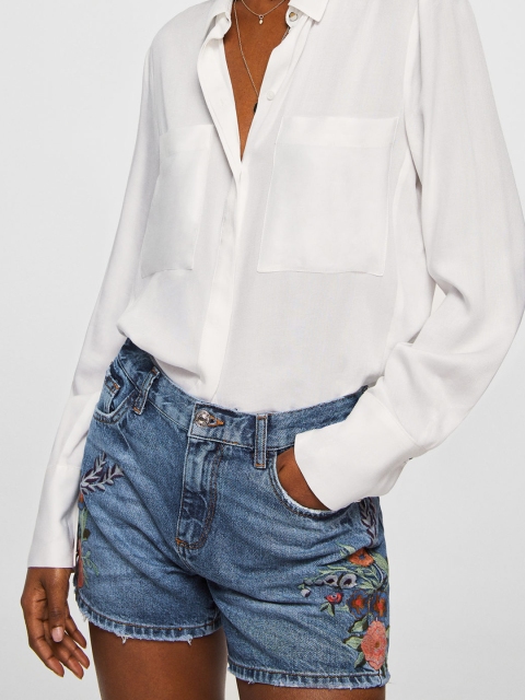 

MANGO Women Blue Embroidered Regular Fit Denim Shorts