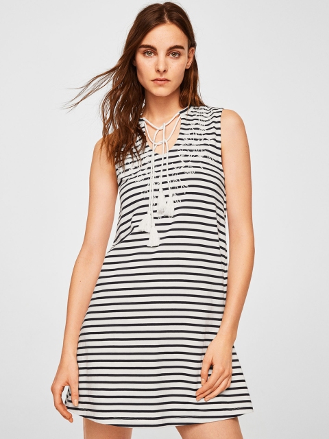 

MANGO Women White & Navy Striped A-Line Dress