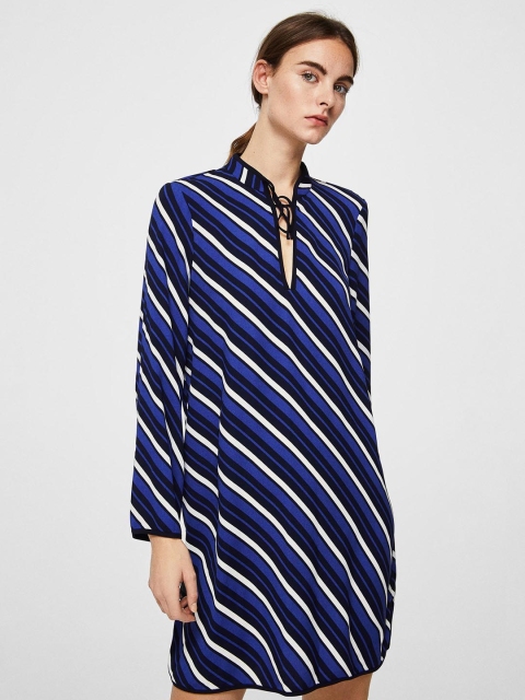 

MANGO Women Blue & White Striped A-Line Dress