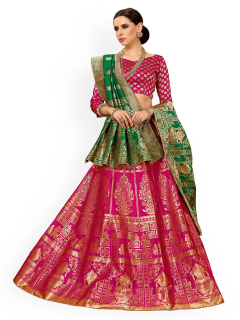 

Chhabra 555 Magenta & Green Embellished Silk Unstitched Lehenga & Blouse with Dupatta