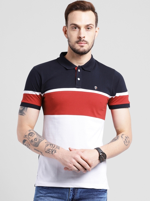 

COBB Men White & Blue Striped Polo Collar T-shirt