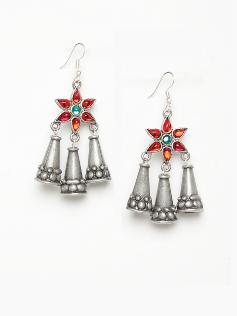 

TJORI Pink & Silver-Toned Floral Drop Earrings