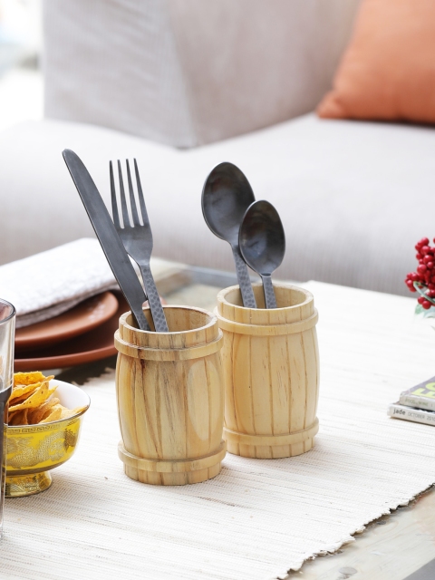 

EK DO DHAI Set of 2 Barrel Shaped Holders, Beige