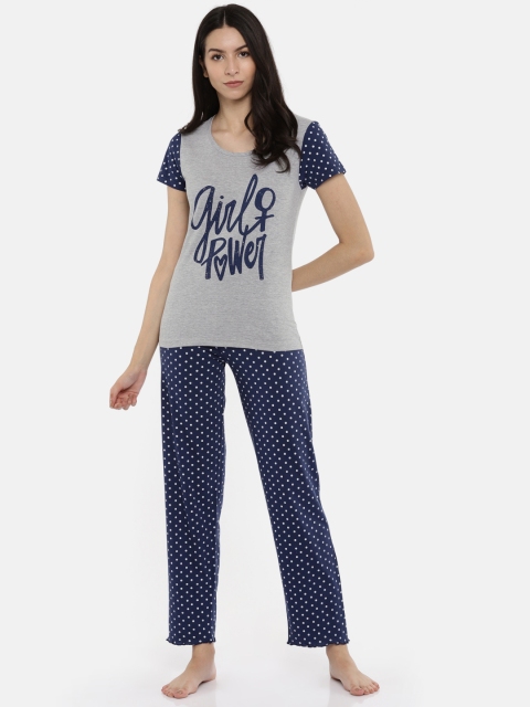 

Slumber Jill Grey Melange & Navy Blue Printed Lounge Set