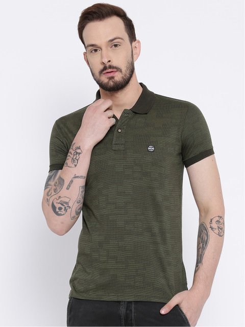 

Duke Men Olive Green Printed Polo Collar T-shirt