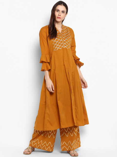 

Bhama Couture Women Mustard Yoke Design Kurta with Palazzos