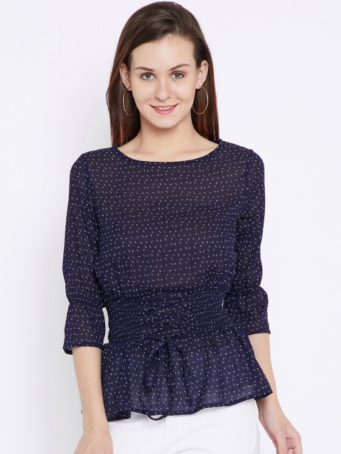 

Ruhaans Women Navy Blue Printed Cinched Waist Top