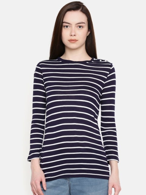 

Park Avenue Women Navy Blue Striped Round Neck T-shirt