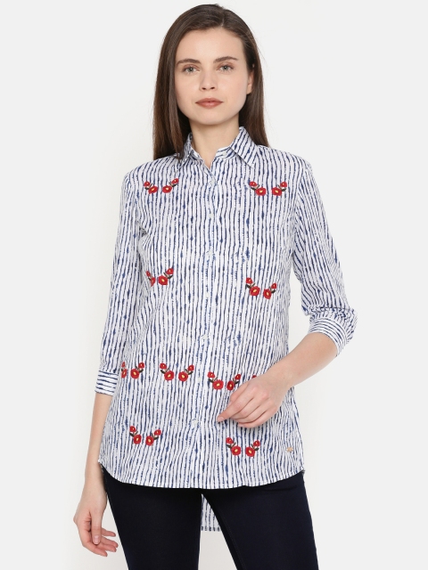 

Park Avenue Women White & Blue Regular Fit Striped Casual Shirt