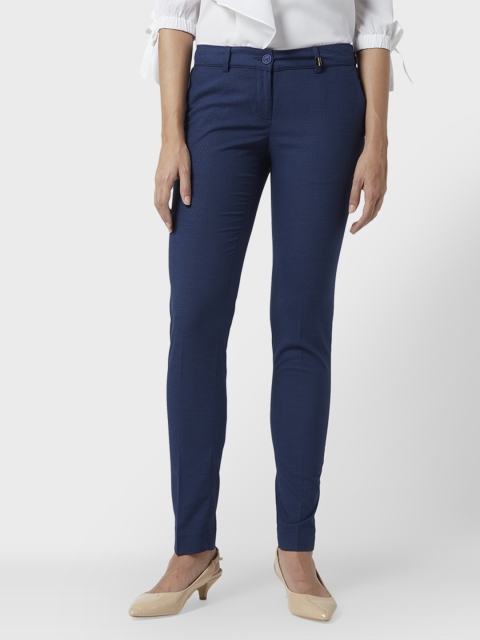 

Park Avenue Women Blue Tapered Fit Self Design Regular Trousers