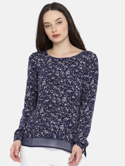 

Park Avenue Woman Navy Semi-Sheer Floral Print Top, Navy blue