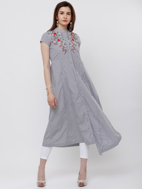 

Vishudh Women Grey & White Embroidered A-Line Kurta