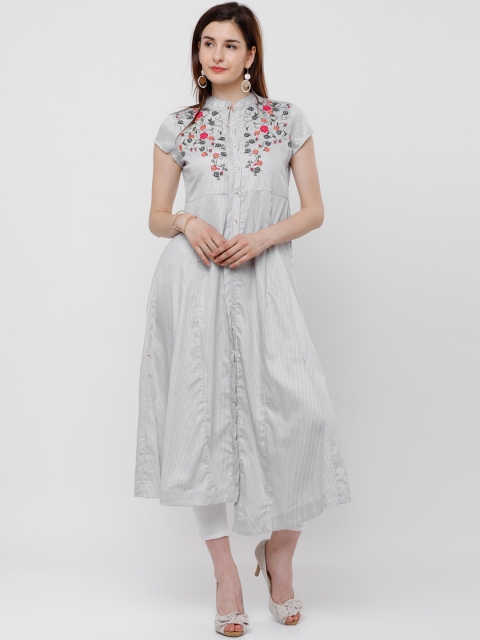 

Vishudh Women Grey & White Embroidered A-Line Kurta