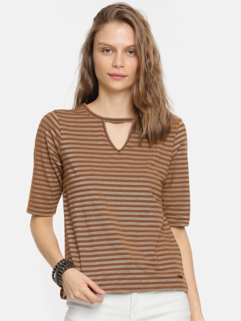 

Roadster Women Brown Striped Shimmery Top