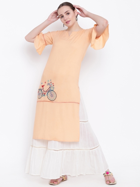 

Shakumbhari Women Peach-Coloured Embroidered Straight Kurta